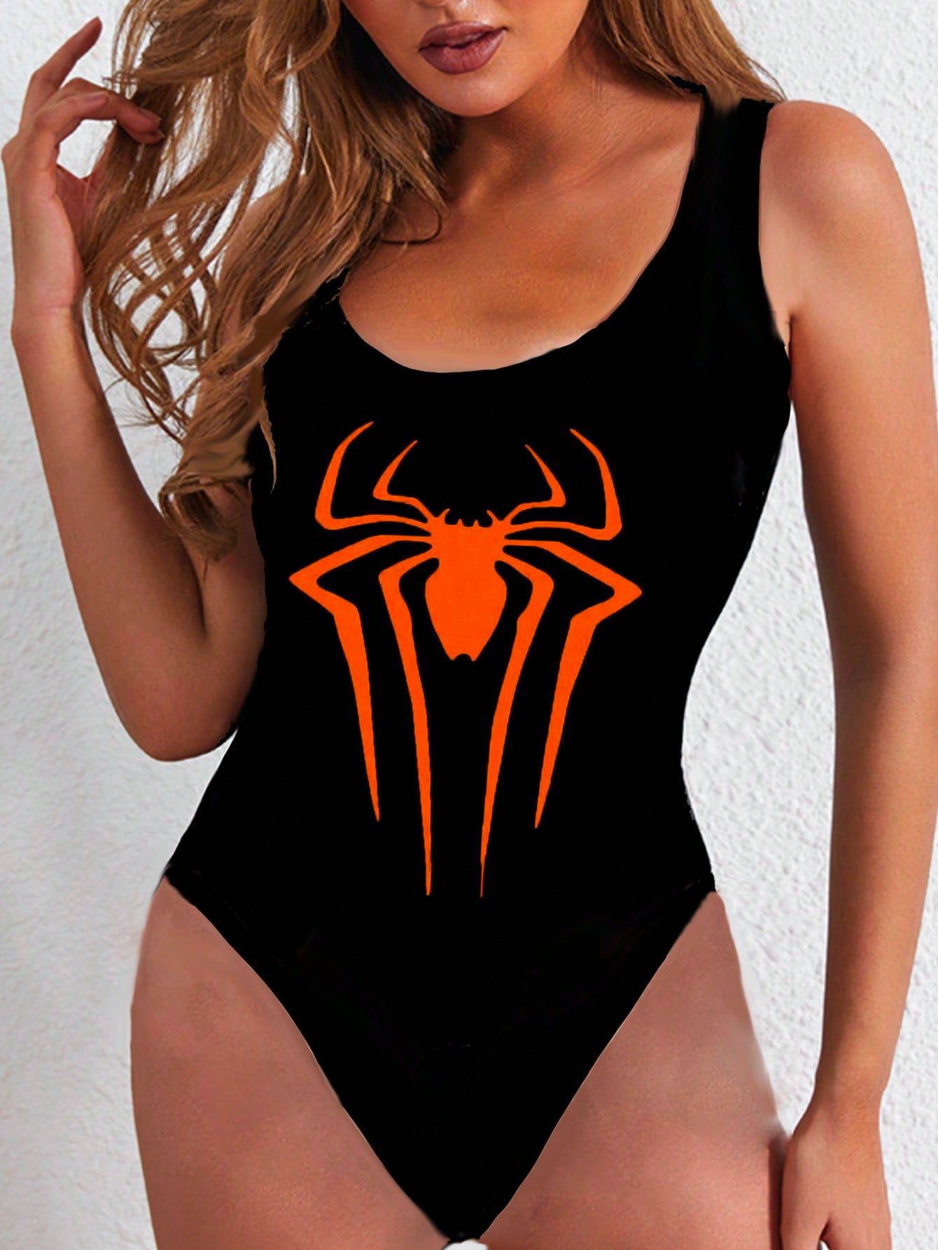 Women's swimsuit with stylish spider motif and high leg cut, size S