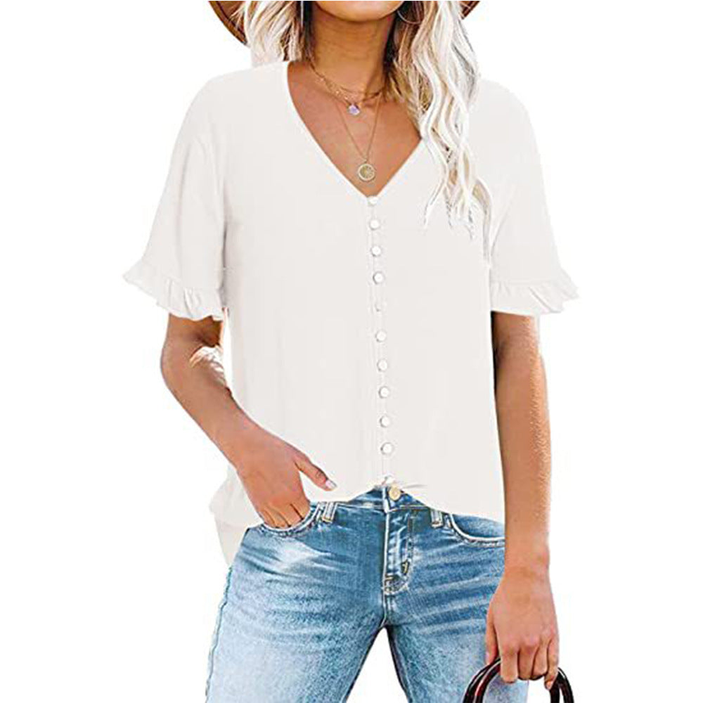 Women's blouse with ruffle details and button placket, size