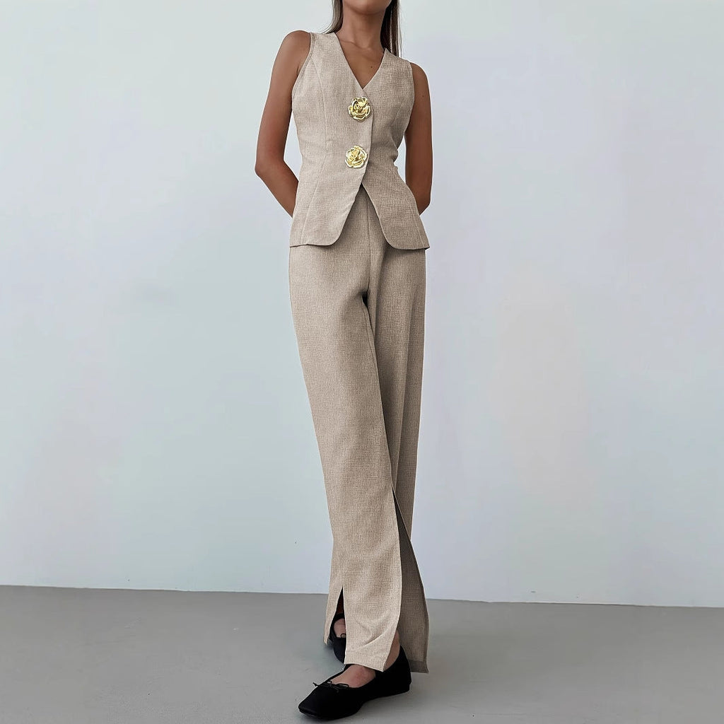 Women's elegant suit set with tailored blazer and wide-leg trousers, size