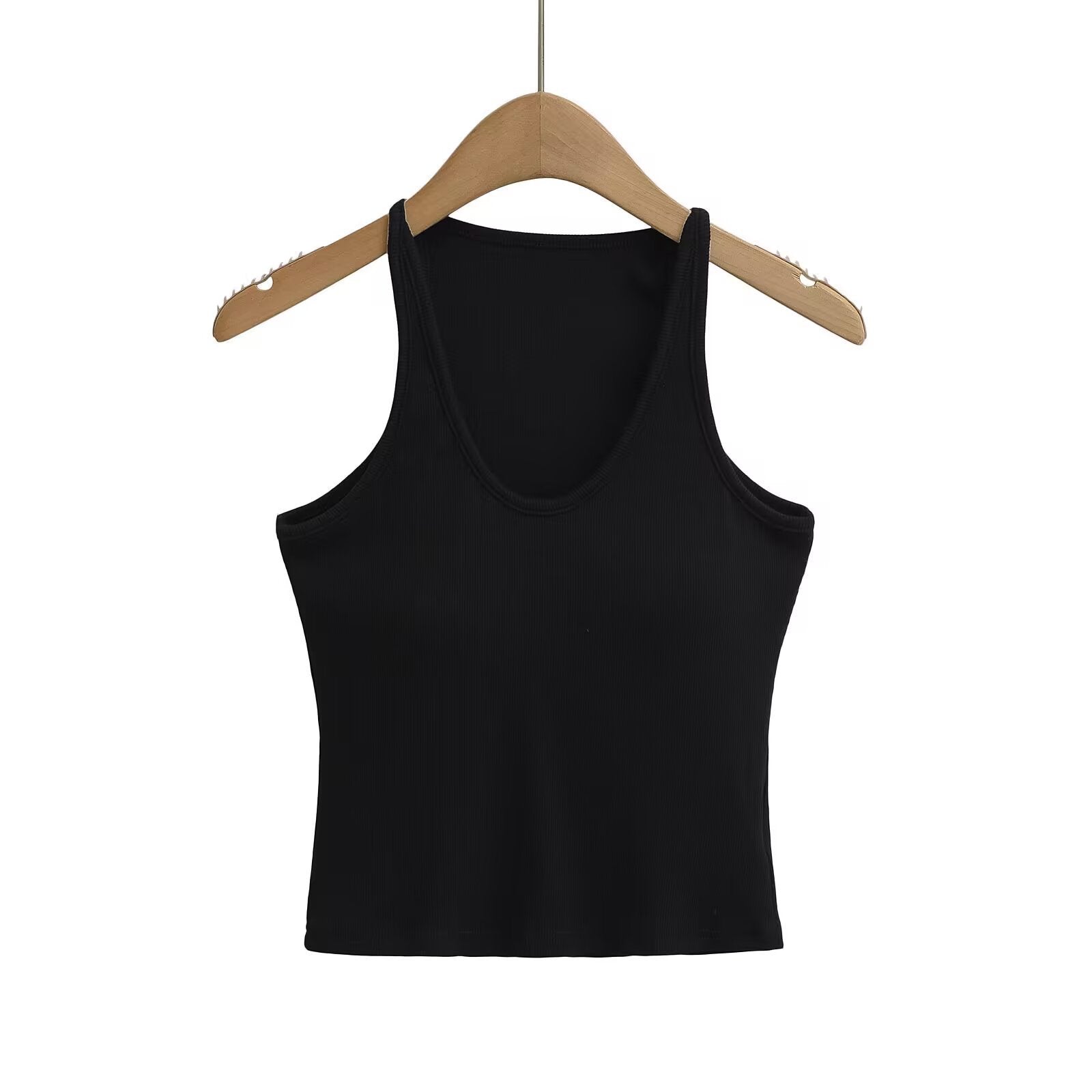 Women's sleeveless sports top with deep U-neck and elastic material, size S