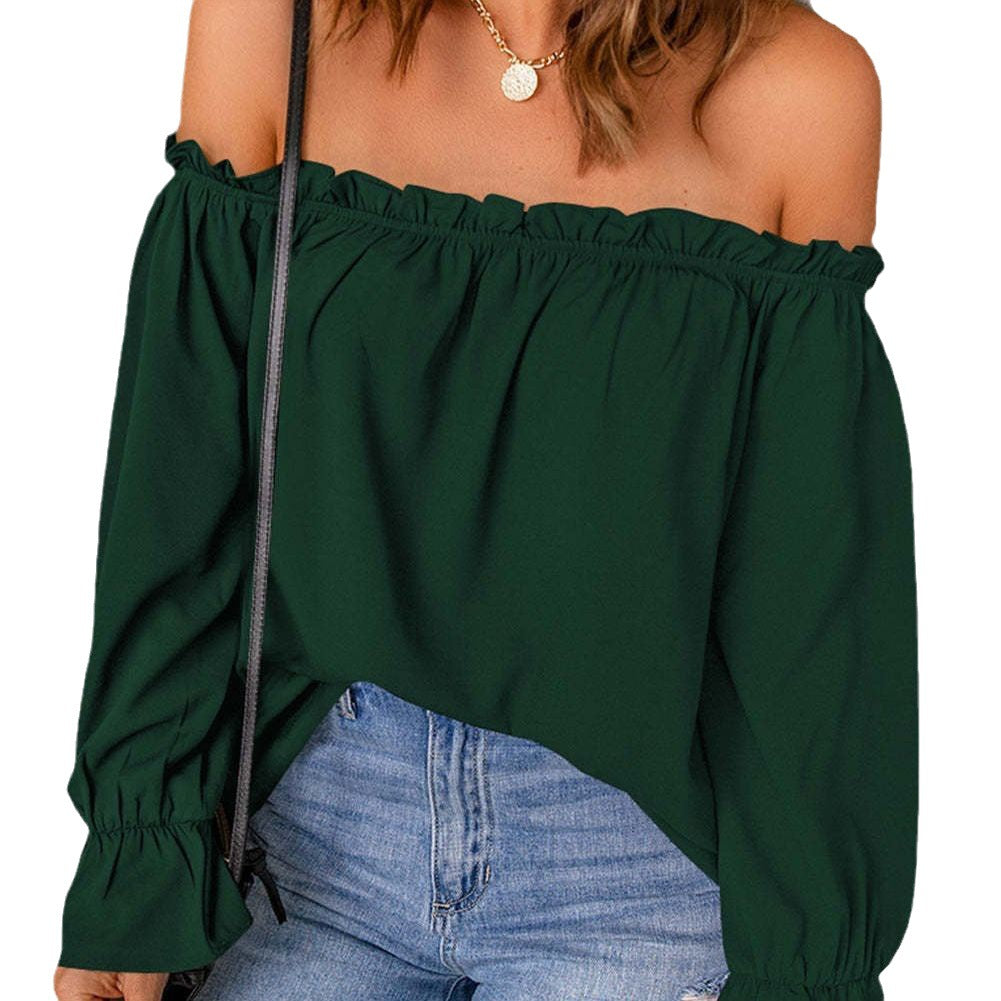 Women's chic off-the-shoulder top with ruffle details and elasticated cuffs, size [size missing]