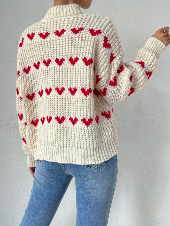 Valenzora Halbhoher Kragen Locker sitzender Love-Heart Jacquard-Strickpullover