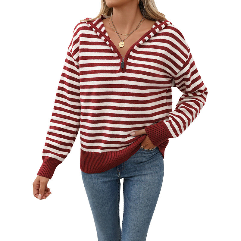 Women's cozy knit sweater with fashionable zipper and striped pattern, size