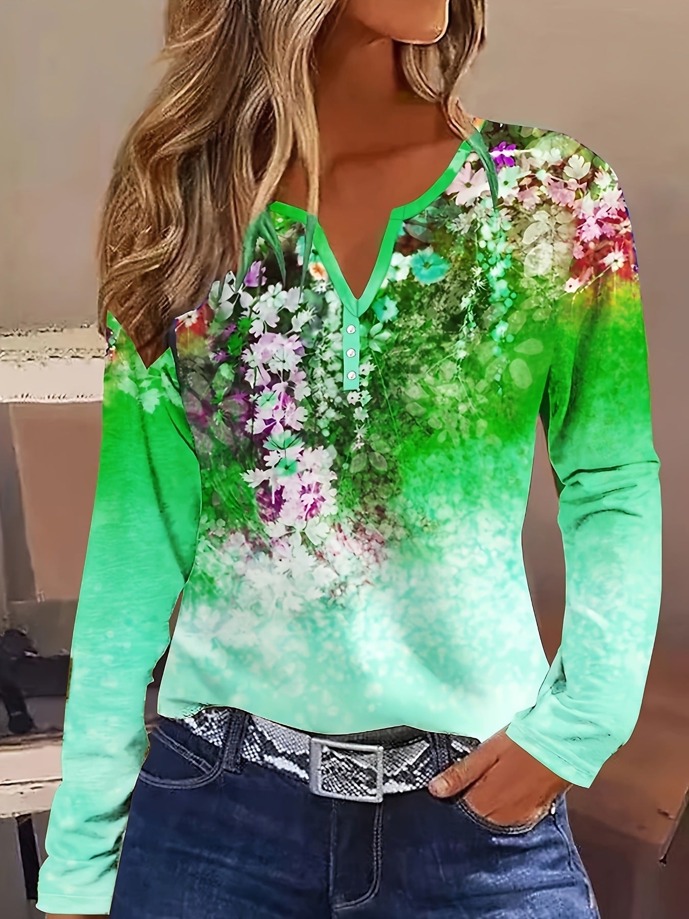 Valenzora | Floral round neck long-sleeved shirt