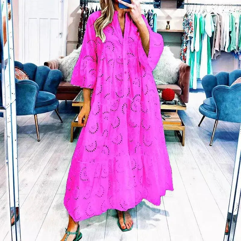 Valenzora | Women's full-length V-neck dress in French style