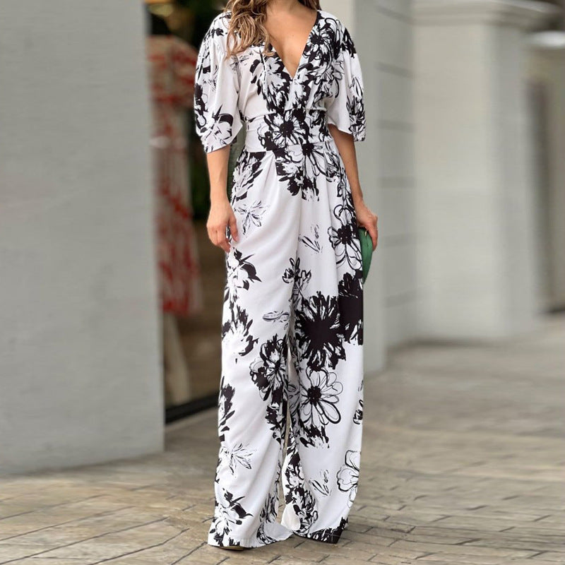 Women's jumpsuit with floral design and voluminous sleeves, size
