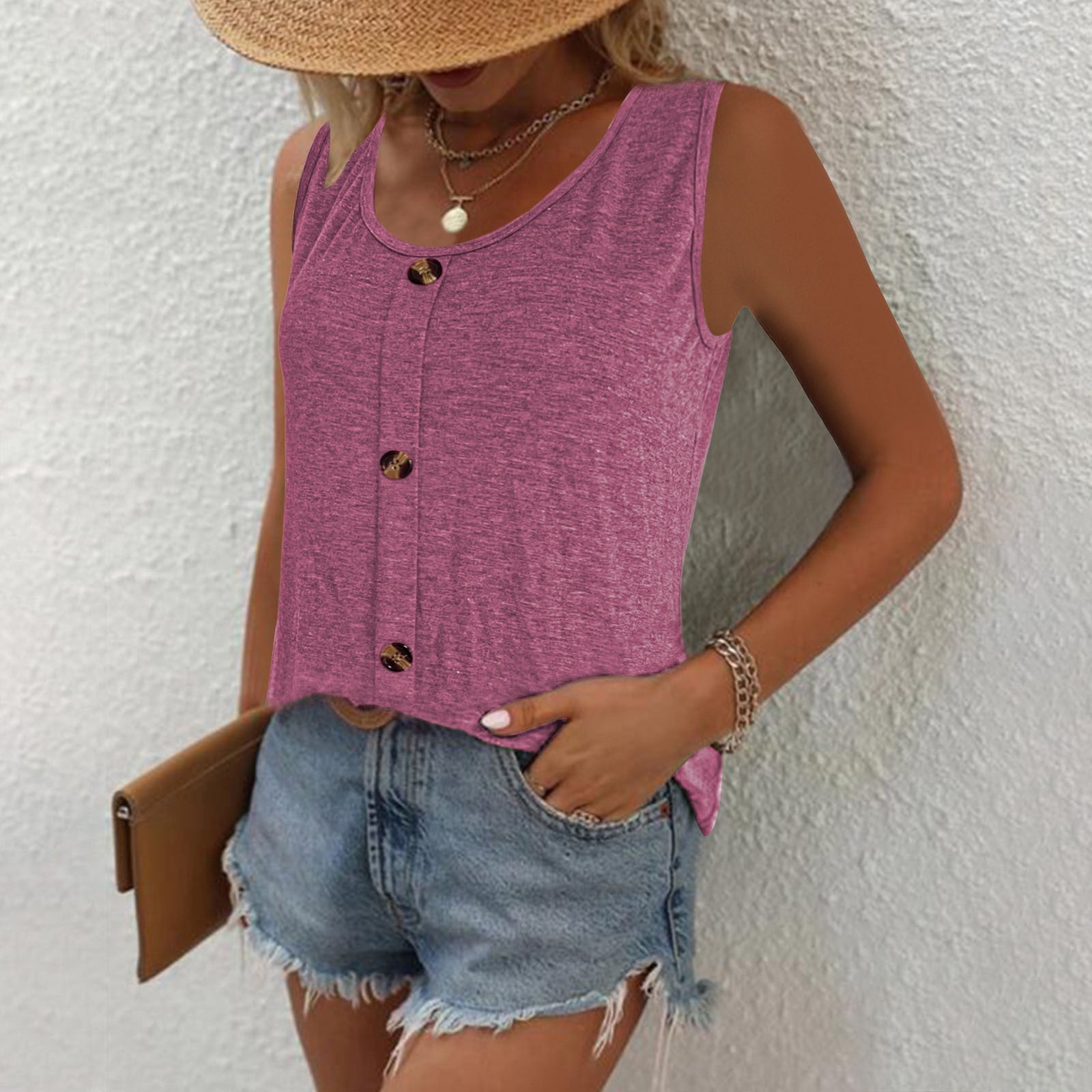 Women's sleeveless top with decorative button placket, size