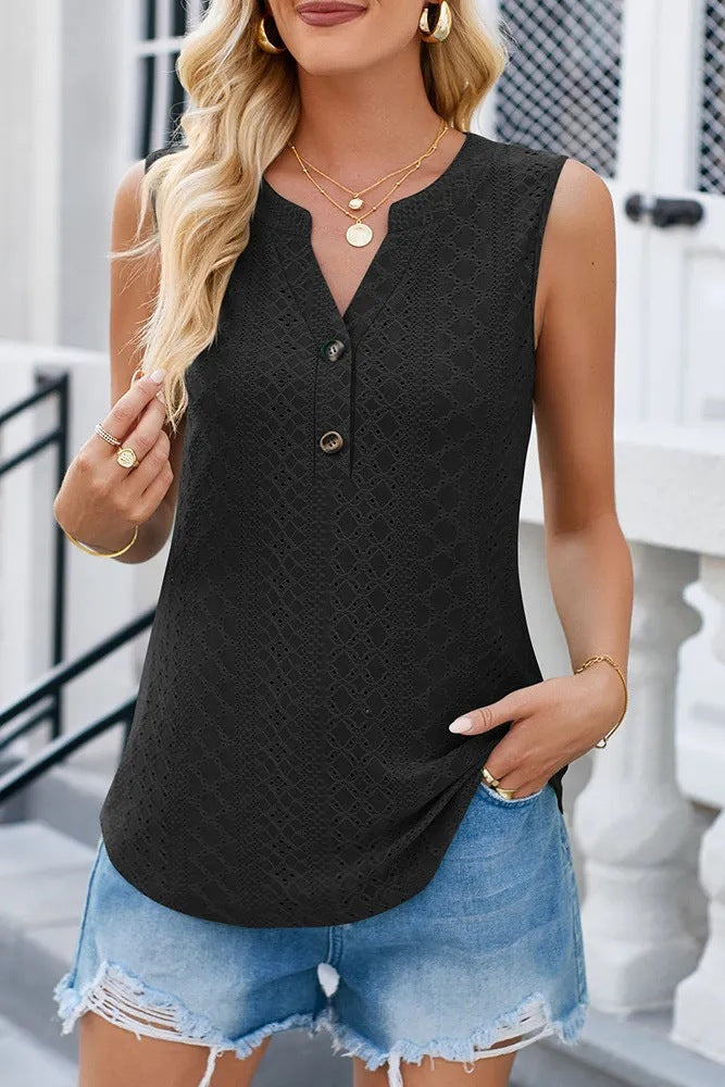Damen-Ärmellose-Bluse mit Knopfdetails und feinem Lochmuster, Größe S