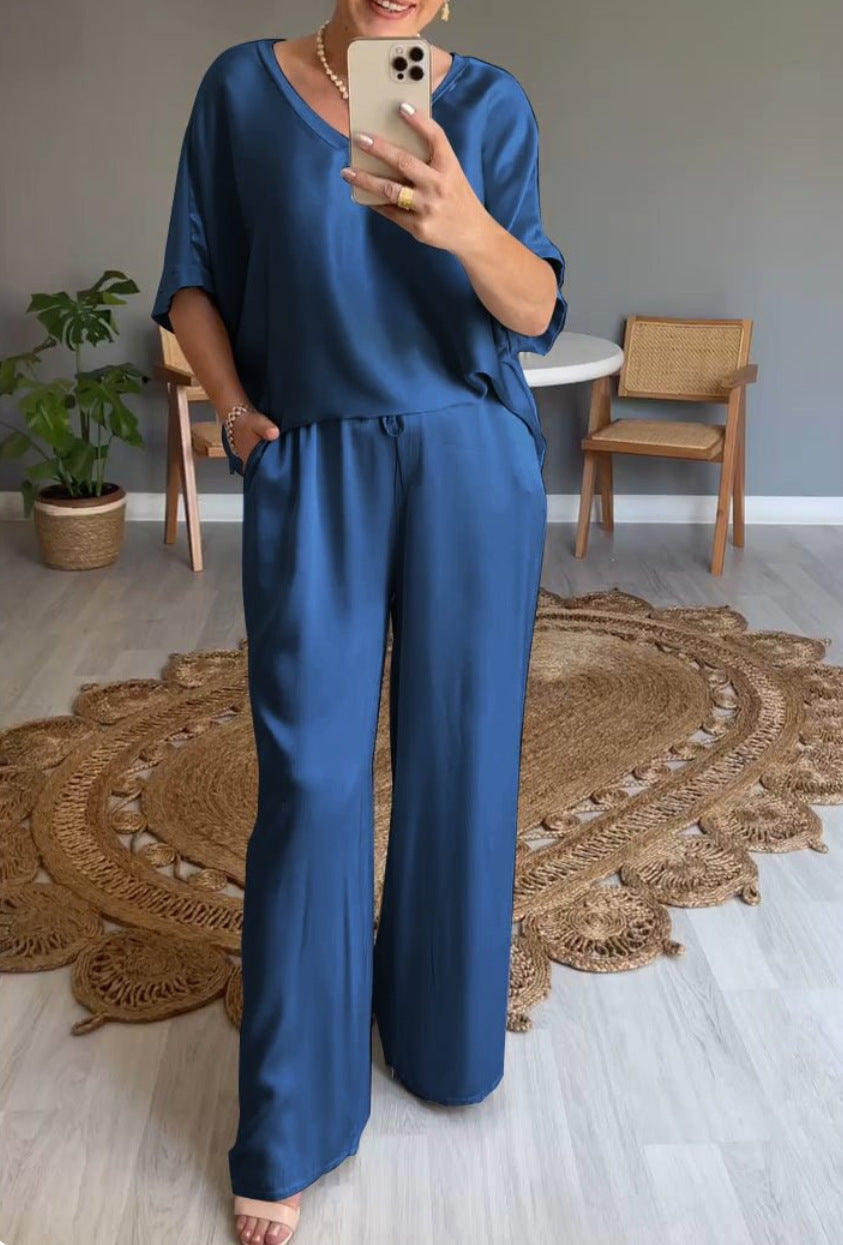 Valenzora | Solid color, silky V-neck casual suit