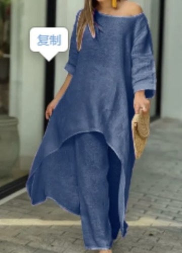 Valenzora | Irregular cotton-linen wide leg two-piece set