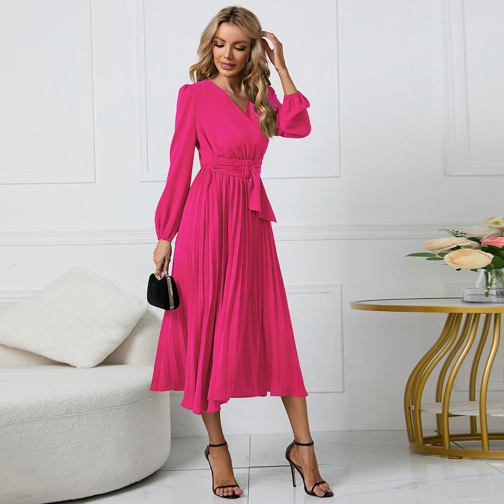 Damen Wickelkleid mit Plisseefalten und elegantem Taillengürtel, Größe