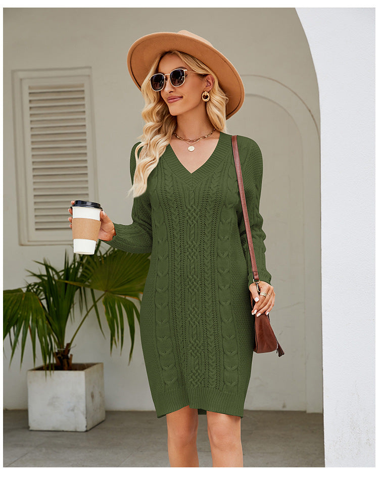 Valenzora | Solid color V-neck twirl knit dress