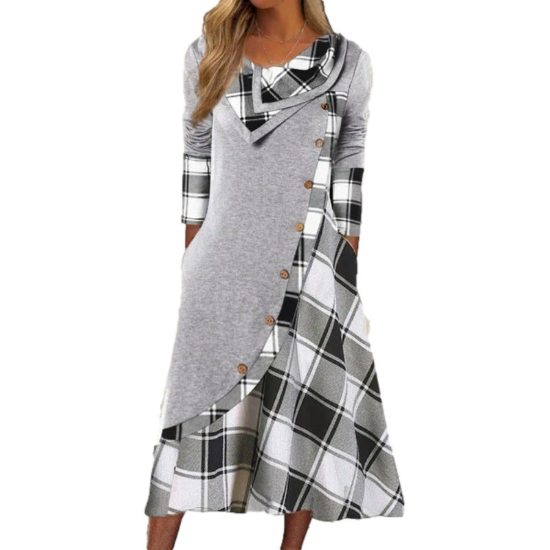 Valenzora | Langärmliges Kleid mit Stehkragen, Karomuster, durchgehender Knopfleiste und Taschen