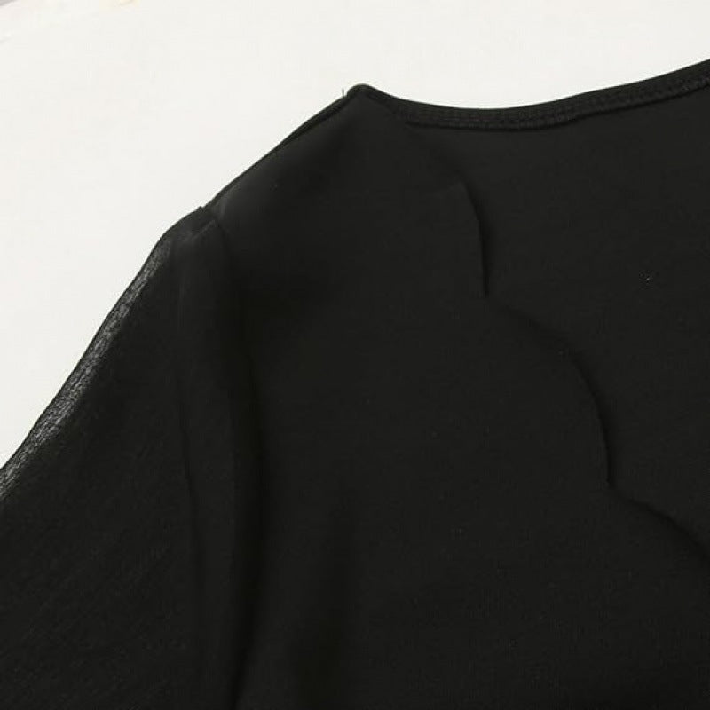 Women's evening dress with sheer sleeves and elegant V-neck, size