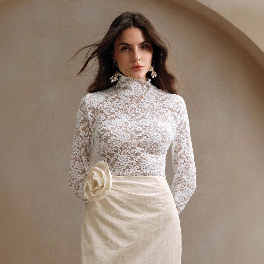 Valenzora | Lace Long Sleeve Stretchy Turtleneck T-Shirt