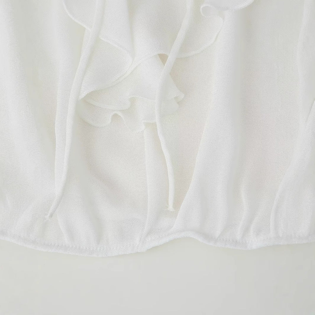 Women's blouse with romantic ruffles and deep V-neck, size