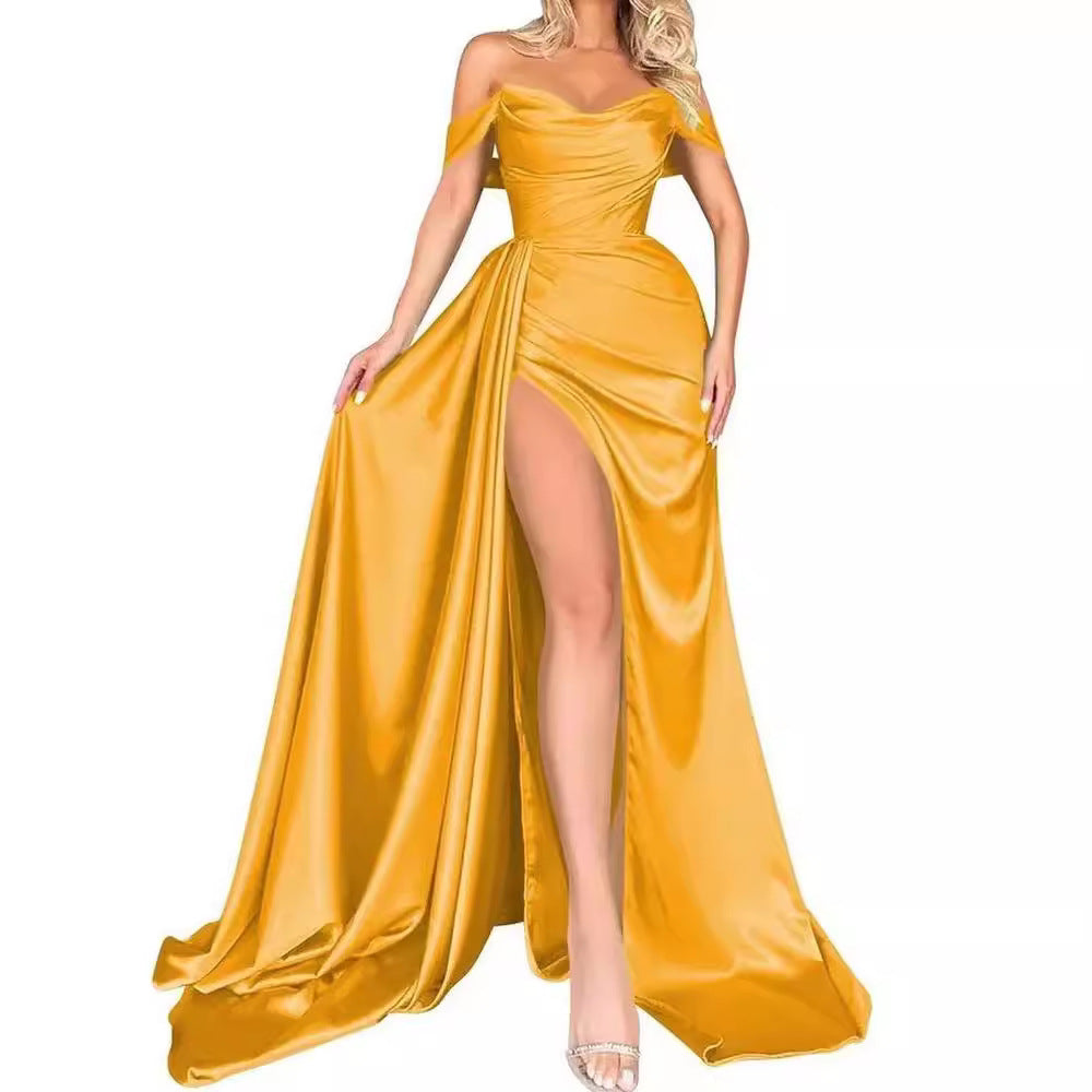 Damen schulterfreies Abendkleid mit hohem Beinschlitz und voluminösem Rock, Größe [Größe fehlt]