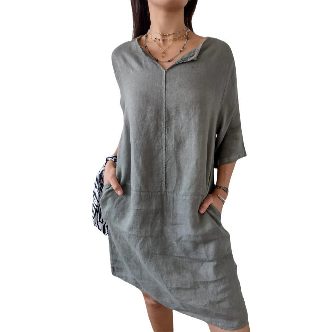 Damen-Leinenkleid mit Knopfleiste vorne und Seitentaschen, Größe