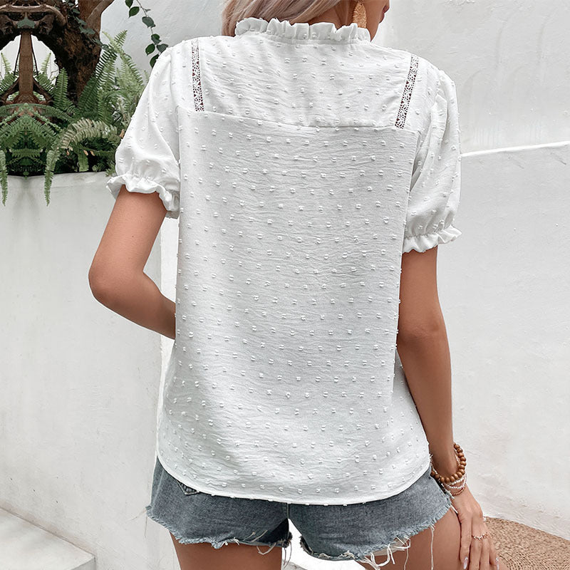 Women's blouse with decorative lace trim and button details, size