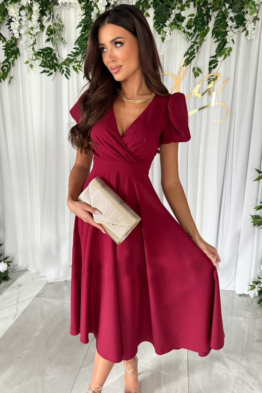 Valenzora | Commuting Solid Color Fitted Puff Sleeve Flared Dress