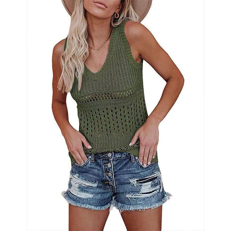 Women's airy knit top with V-neck and delicate openwork patterns, size