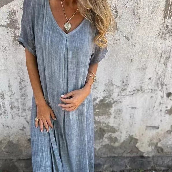 Valenzora | Baumwoll-Leinen-V-Ausschnitt-Kleid
