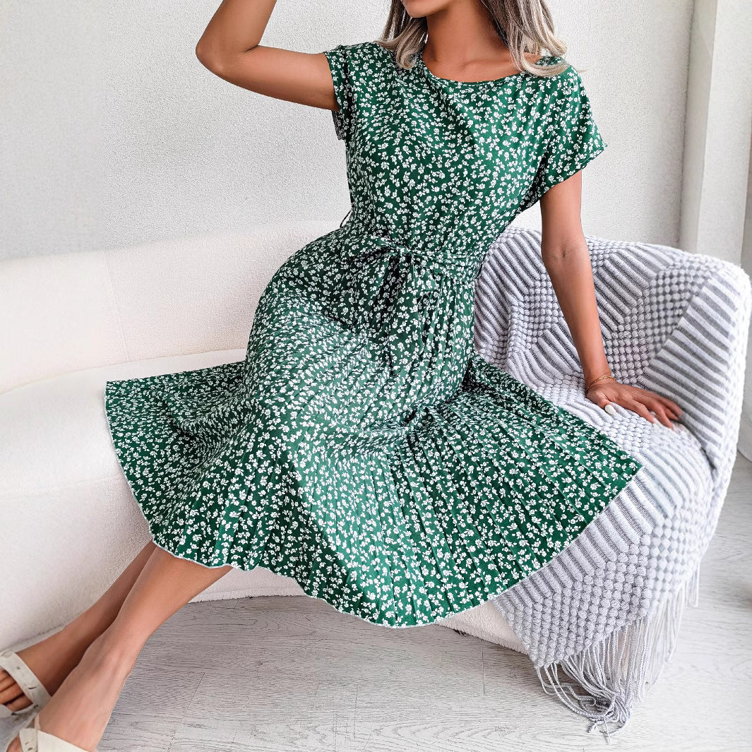 Valenzora | Spring Casual Short Sleeve Floral Large Swing Pleated Skirt