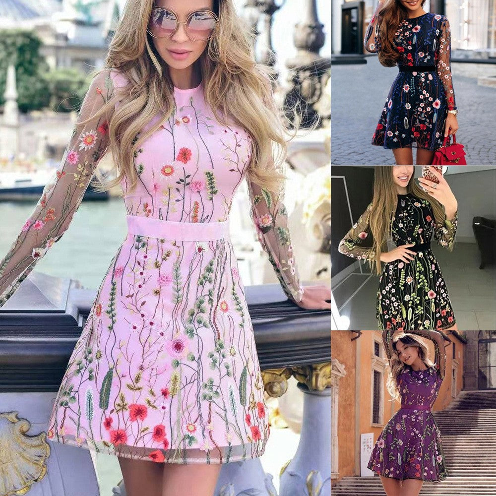 Women's elegant dress with floral embroidery and sheer sleeves, size [size missing]