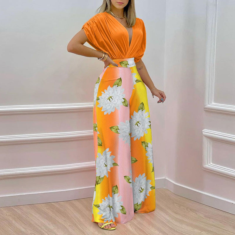 Damen-Jumpsuit mit tiefem V-Ausschnitt und weitem Bein, Größe