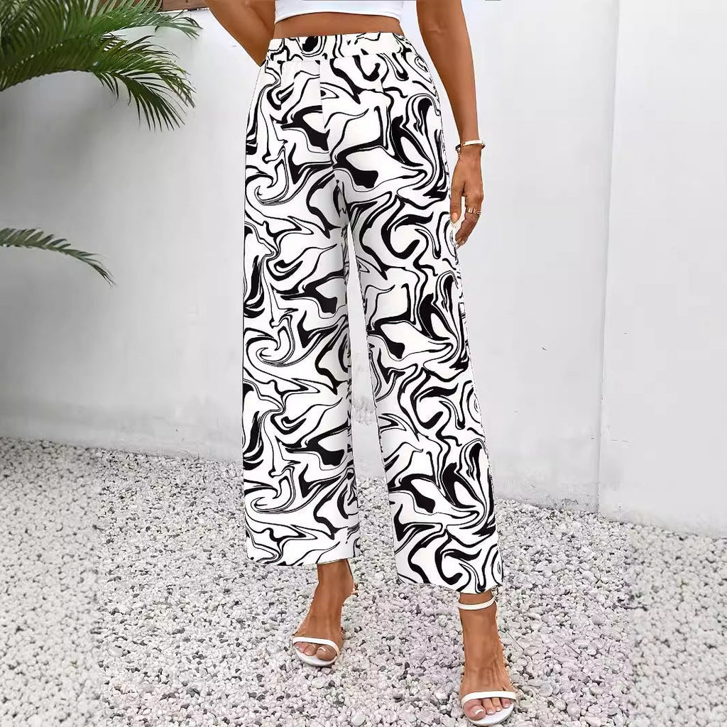 Damen-Palazzohose mit weitem Bein, modernem Marmordruck und elastischem Bund, Größe S