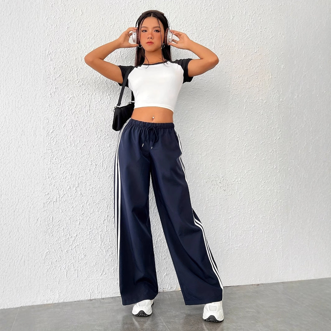 Women's high-waisted casual trousers with sporty stripes, size