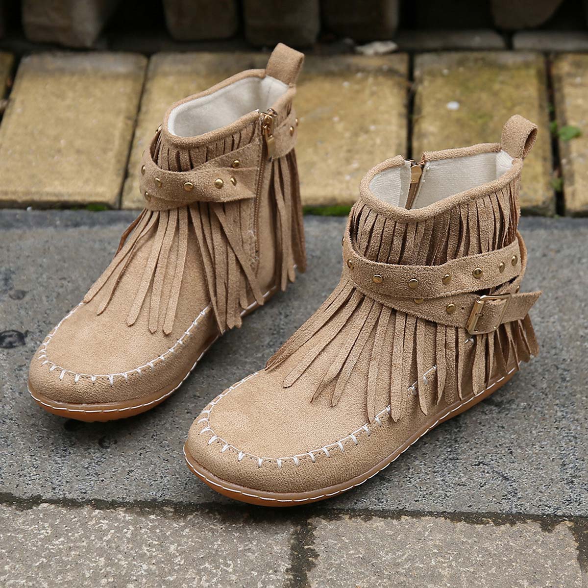 Valenzora | Boho-Stiefeletten mit Fransen und Schnallen für Damen