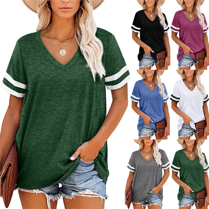 Women's V-neck T-shirt with sporty striped pattern and relaxed fit, size [size missing]