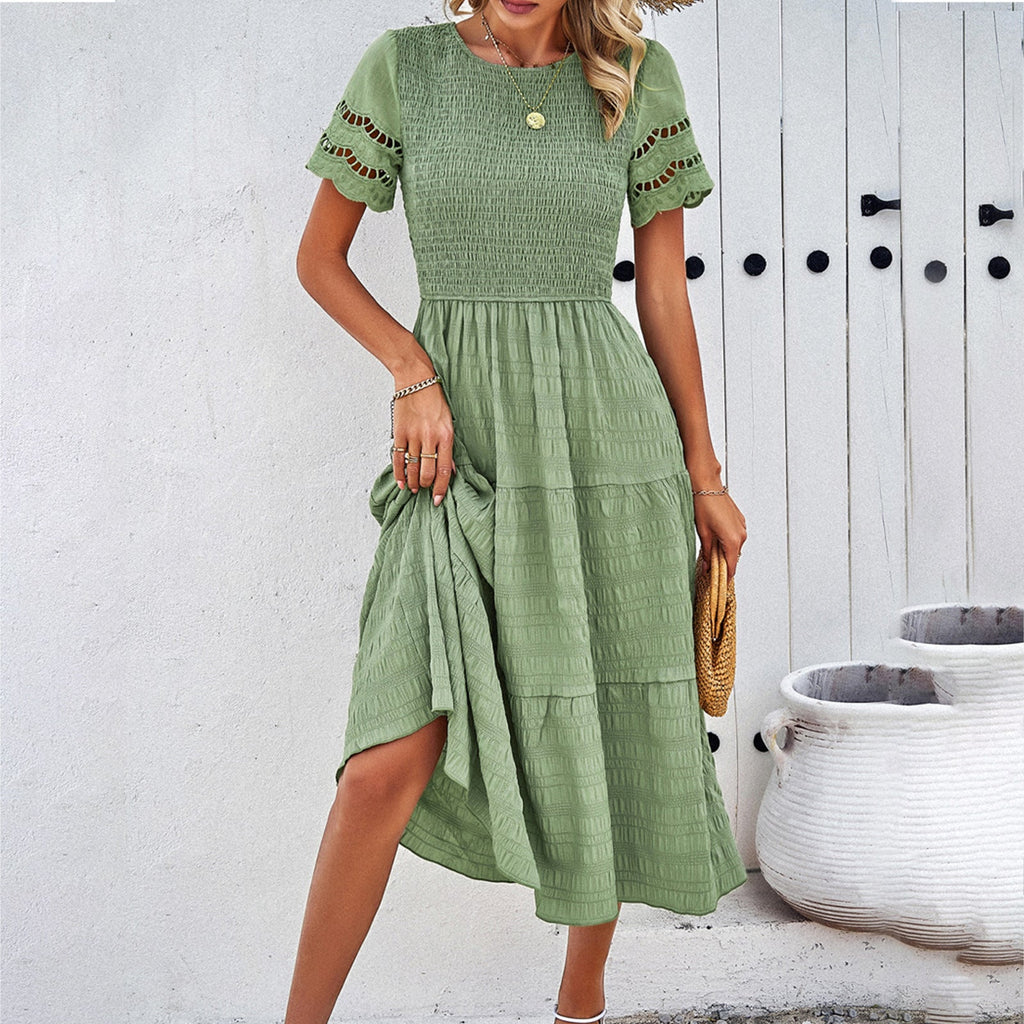 Women's midi dress with puff sleeves and elasticated top, size