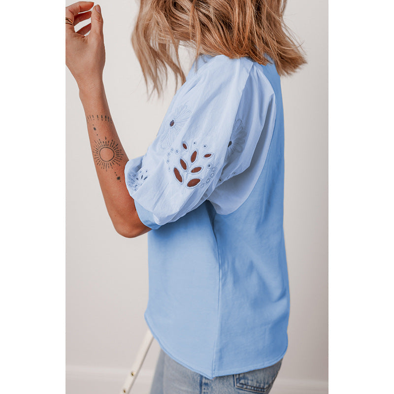 Women's T-shirt with puff sleeve designs and embroidered accents, size Valenzora