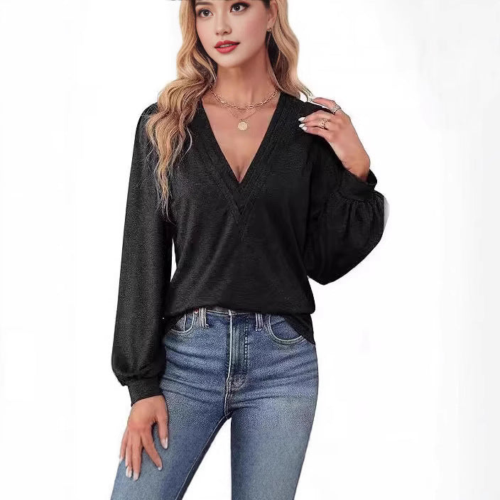 Bequemes Damen-Shirt mit V-Ausschnitt und langen Ärmeln, Größe