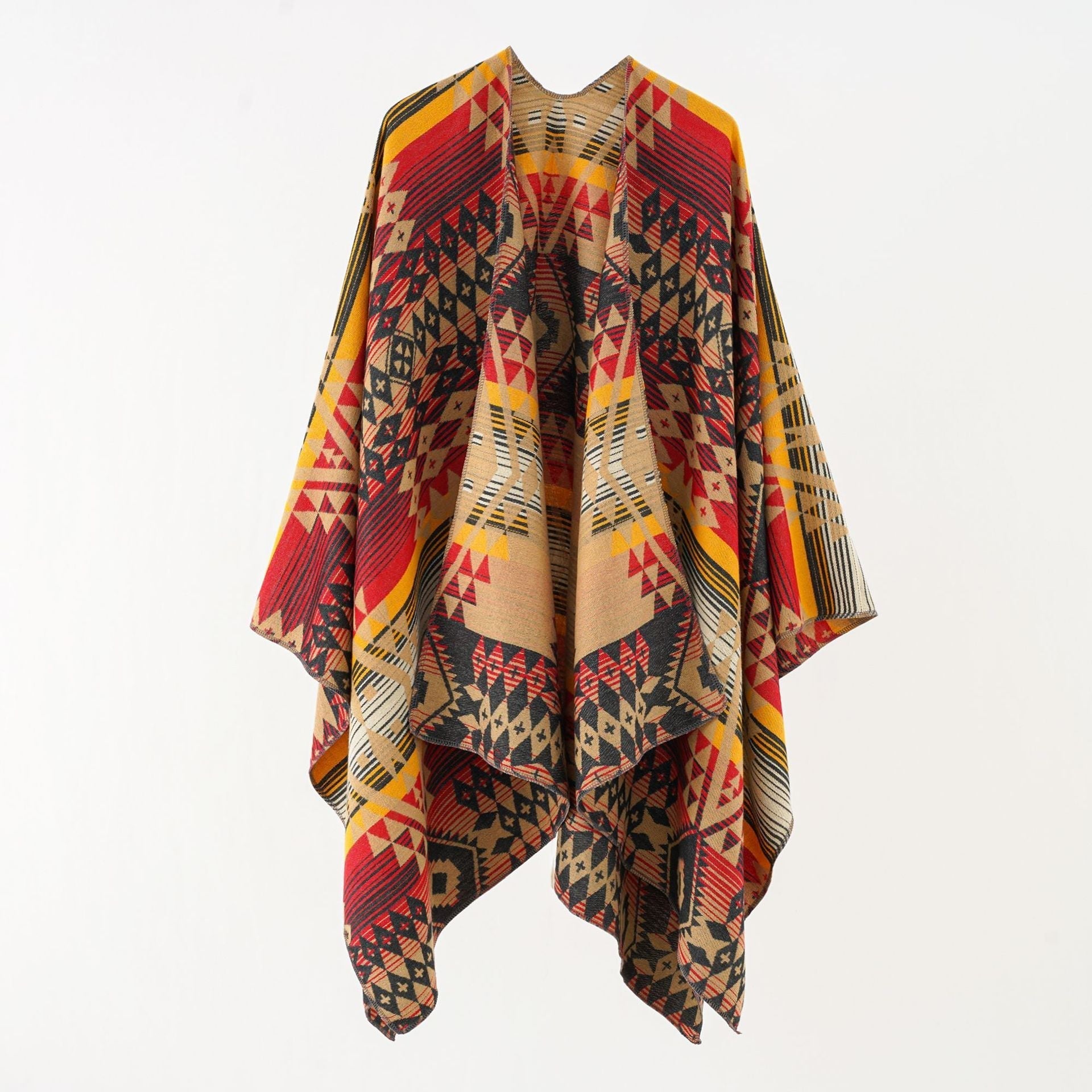 Women's geometric throw poncho with warm material and trendy pattern, size S