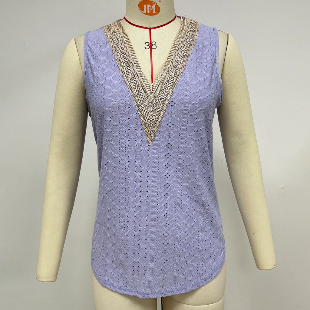 Women's sleeveless top with elegant openwork pattern and V-neck, size