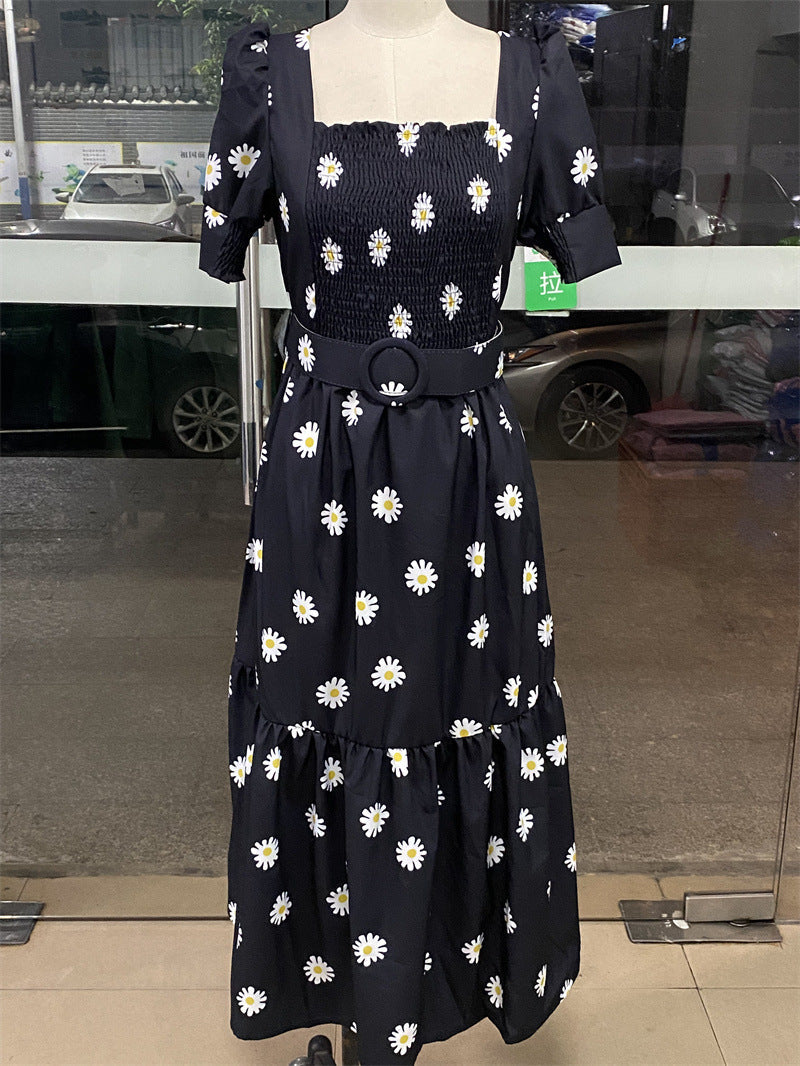 Valenzora | Printed, waist-defining U-neck elegant dress