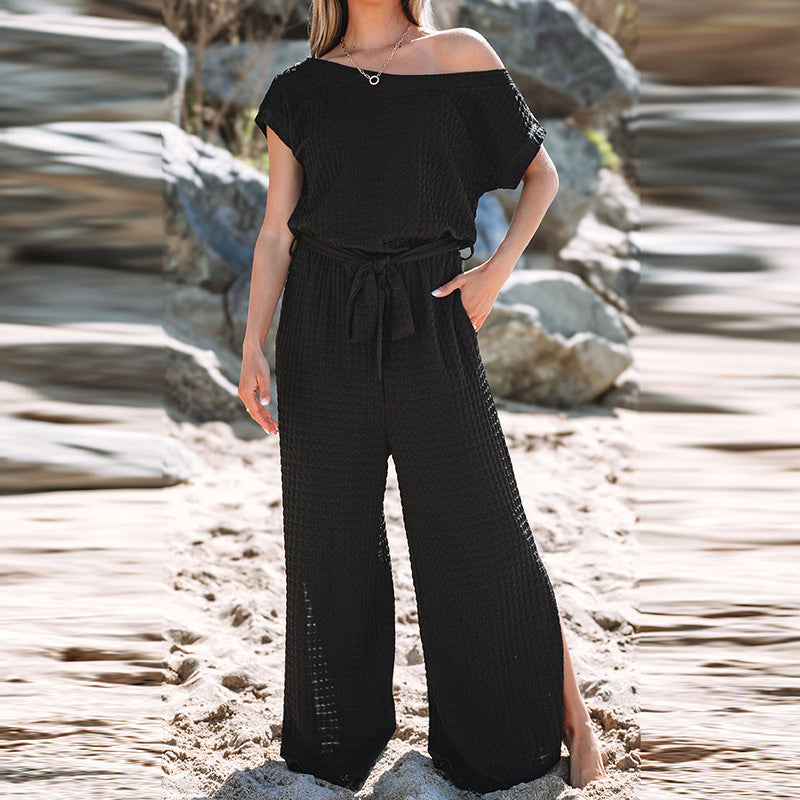 Damen-Freizeit-Jumpsuit mit weitem Schnitt und elastischem Bund, Größe