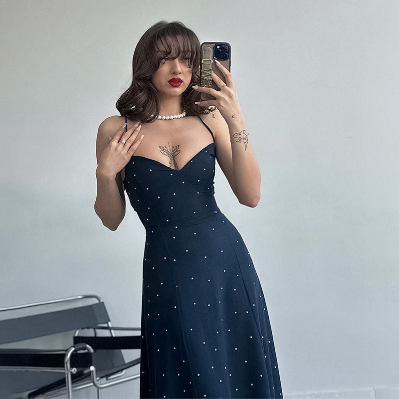Women's midi dress with delicate spaghetti straps and polka dot design, size Valenzora
