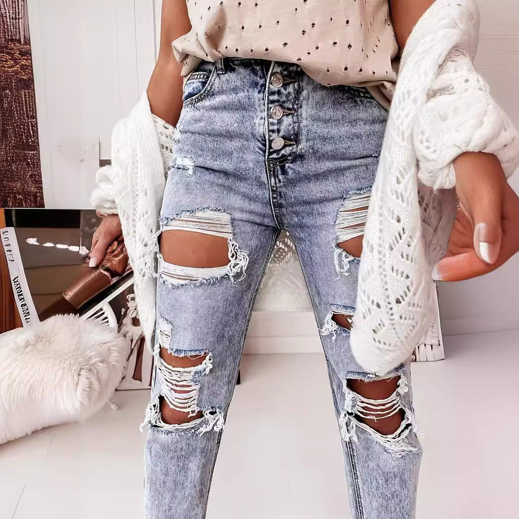 Women's Destroyed Boyfriend Jeans in a casual vintage style with a high waist, size [size missing]