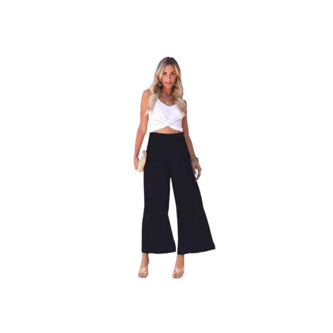 Women's wide-leg culotte trousers with elasticated waistband and side pockets, size