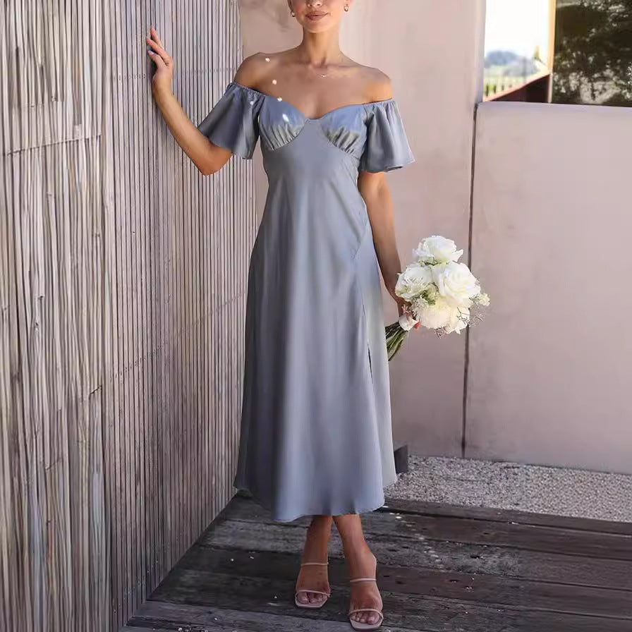 Women's off-the-shoulder midi dress with voluminous sleeves and elegant accents, size Valenzora