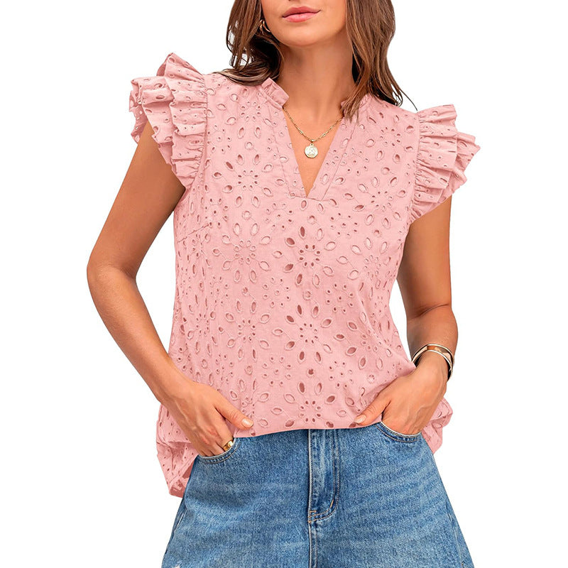 Damenbluse mit Rüschenärmeln und floralem Lochmuster, Größe