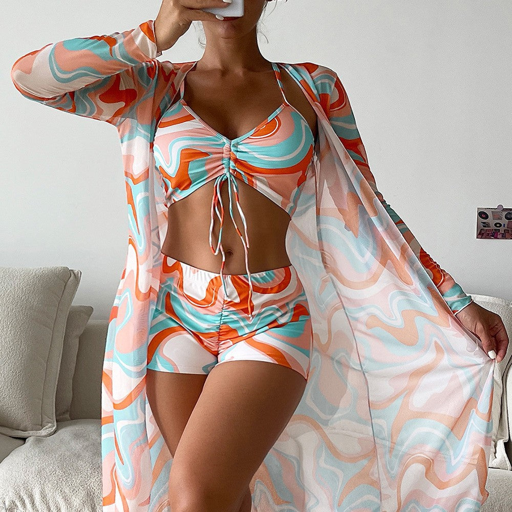Damen Bikini-Set mit schönem Bindegürtel und floralem Kimono, Größe S