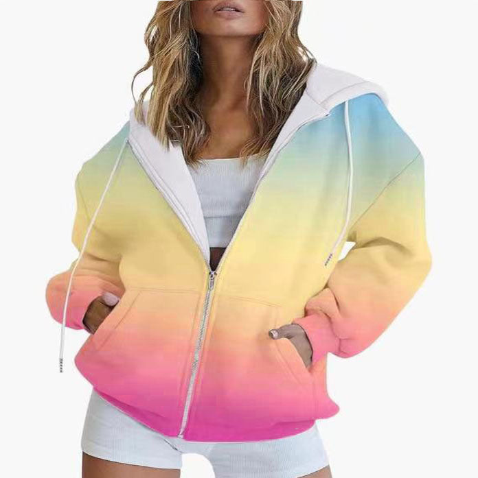 Women's oversized hooded jacket with color gradient and practical pockets, size