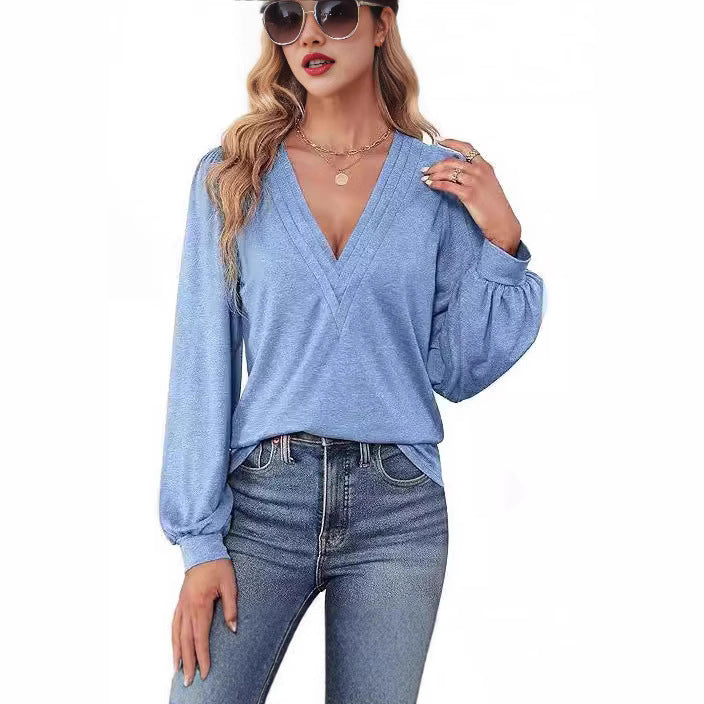 Bequemes Damen-Shirt mit V-Ausschnitt und langen Ärmeln, Größe