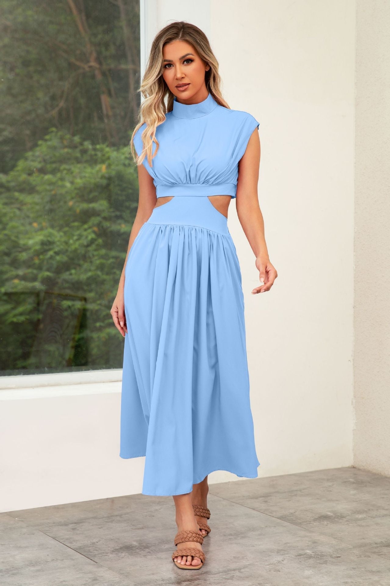 Women's cut-out summer dress with high collar, size