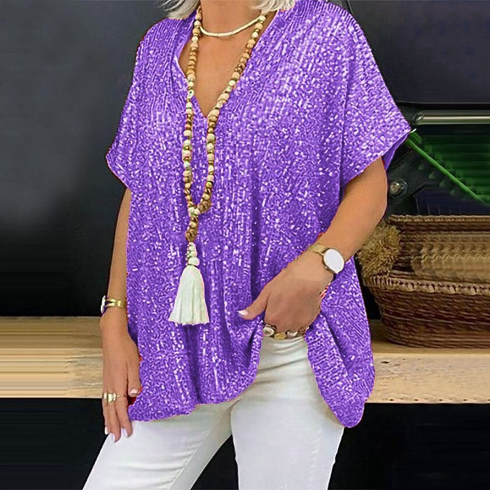 Women's sparkling top with an elegant V-neck and a relaxed fit, size [size]